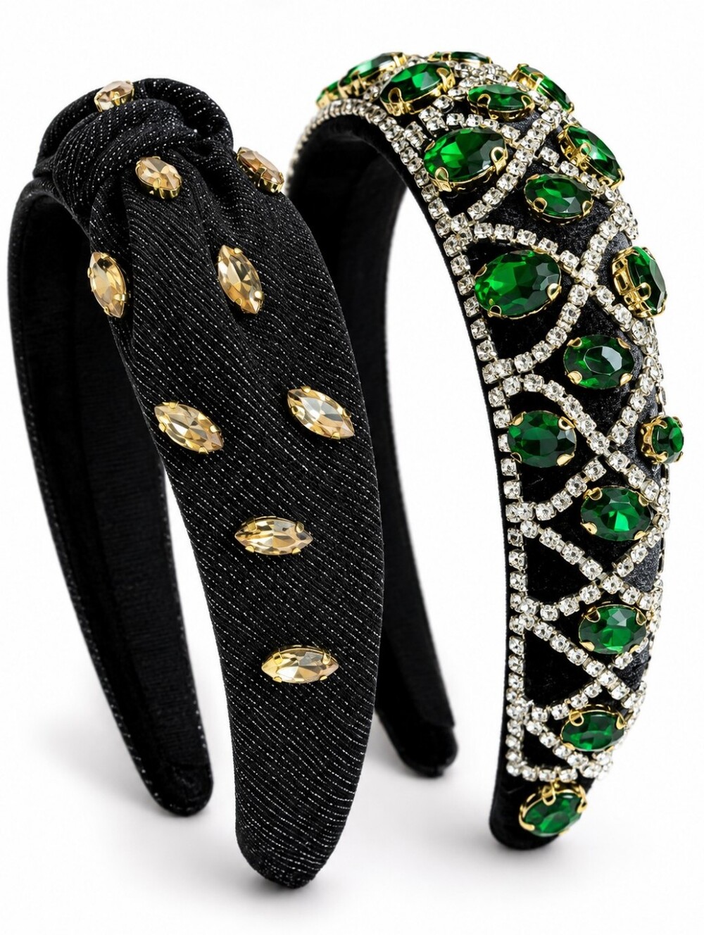 Set of 2 Jeweled Headbands Black Velvet Emerald Green Rhinestone Luxe Glam